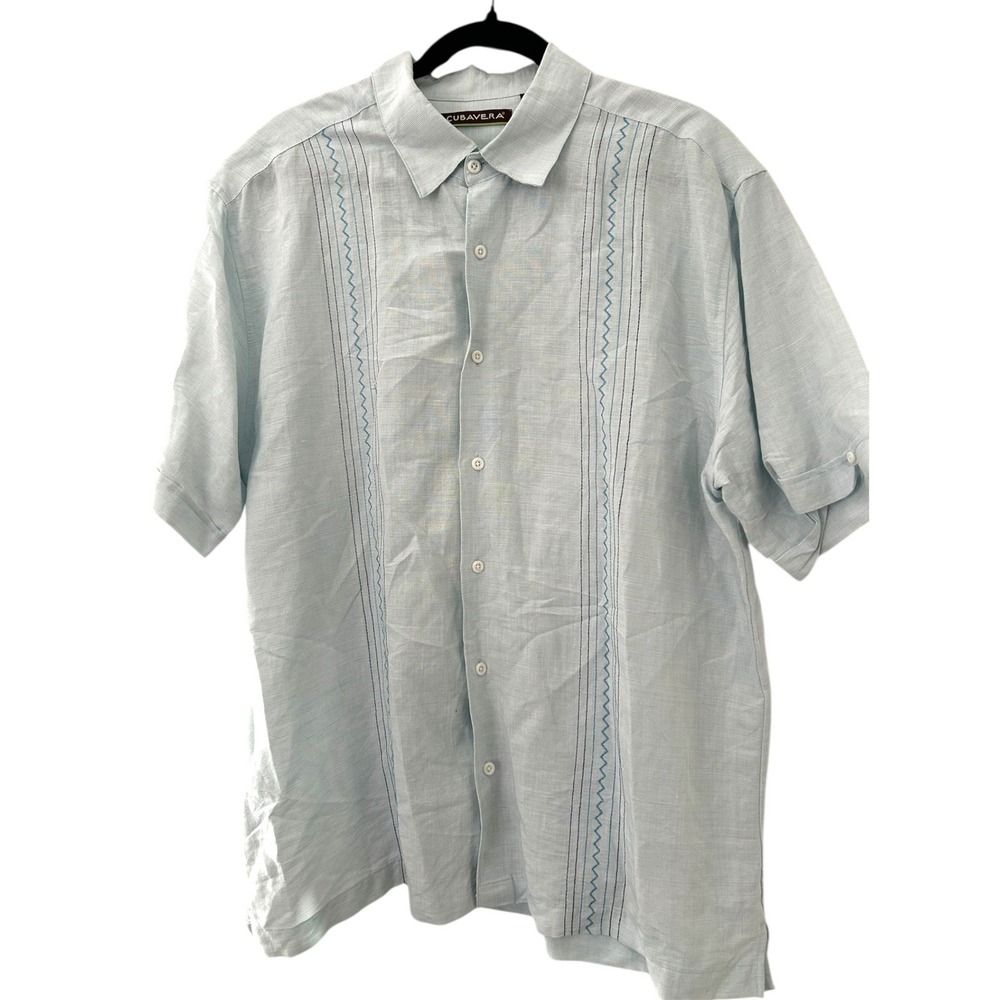 Cubavera Shirt Short Sleeve Men's XL Light Blue Embroidered Havana Style Button